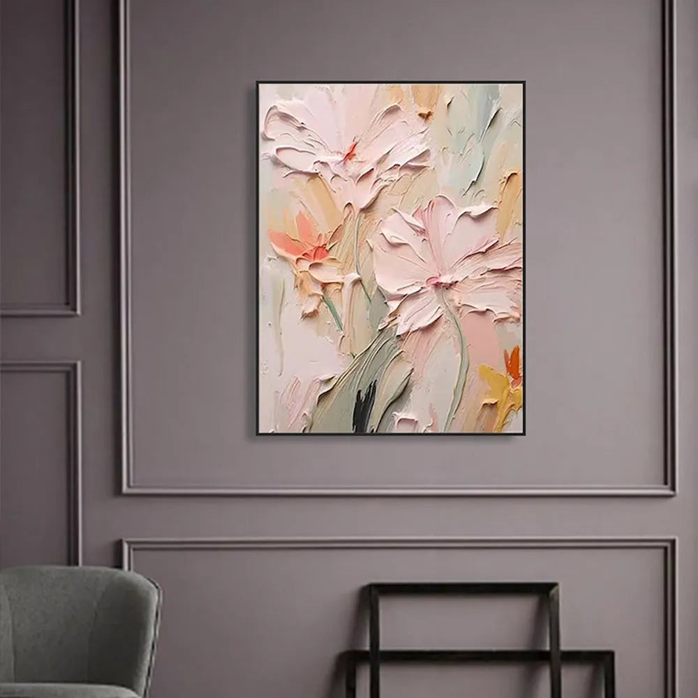 Handmade oil painting canvas wall art with thick 3D texture flowers modern abstract vertical shape multiple sizes