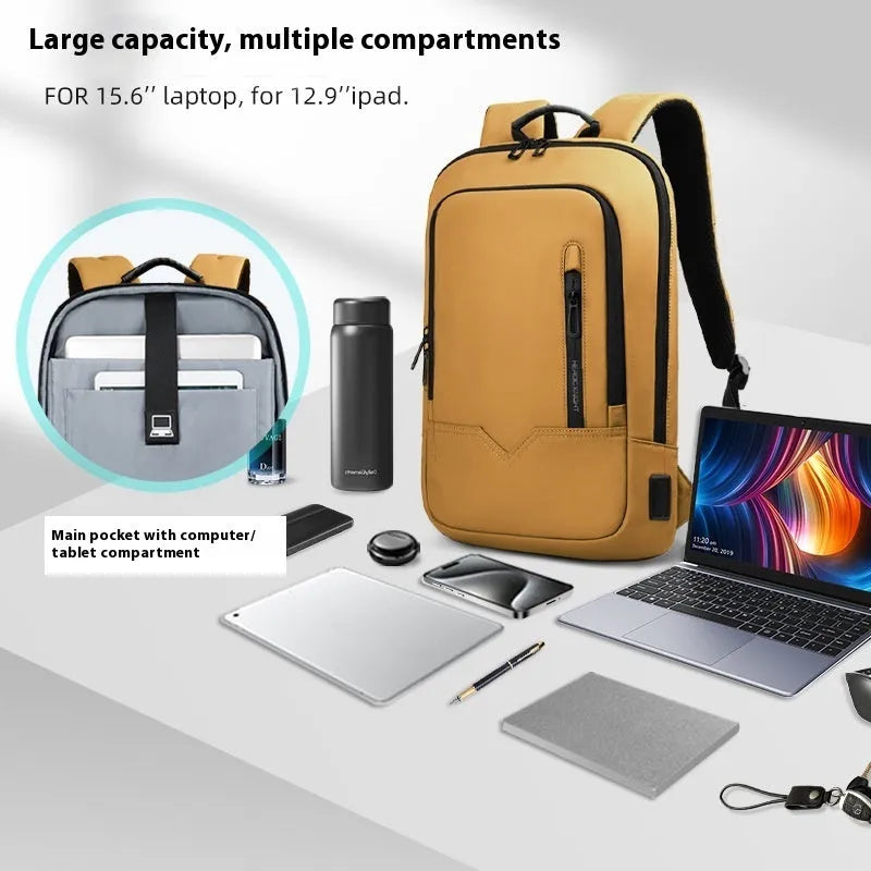 Lightweight black polyester laptop backpack with USB charging port shown next to a 14-inch laptop.