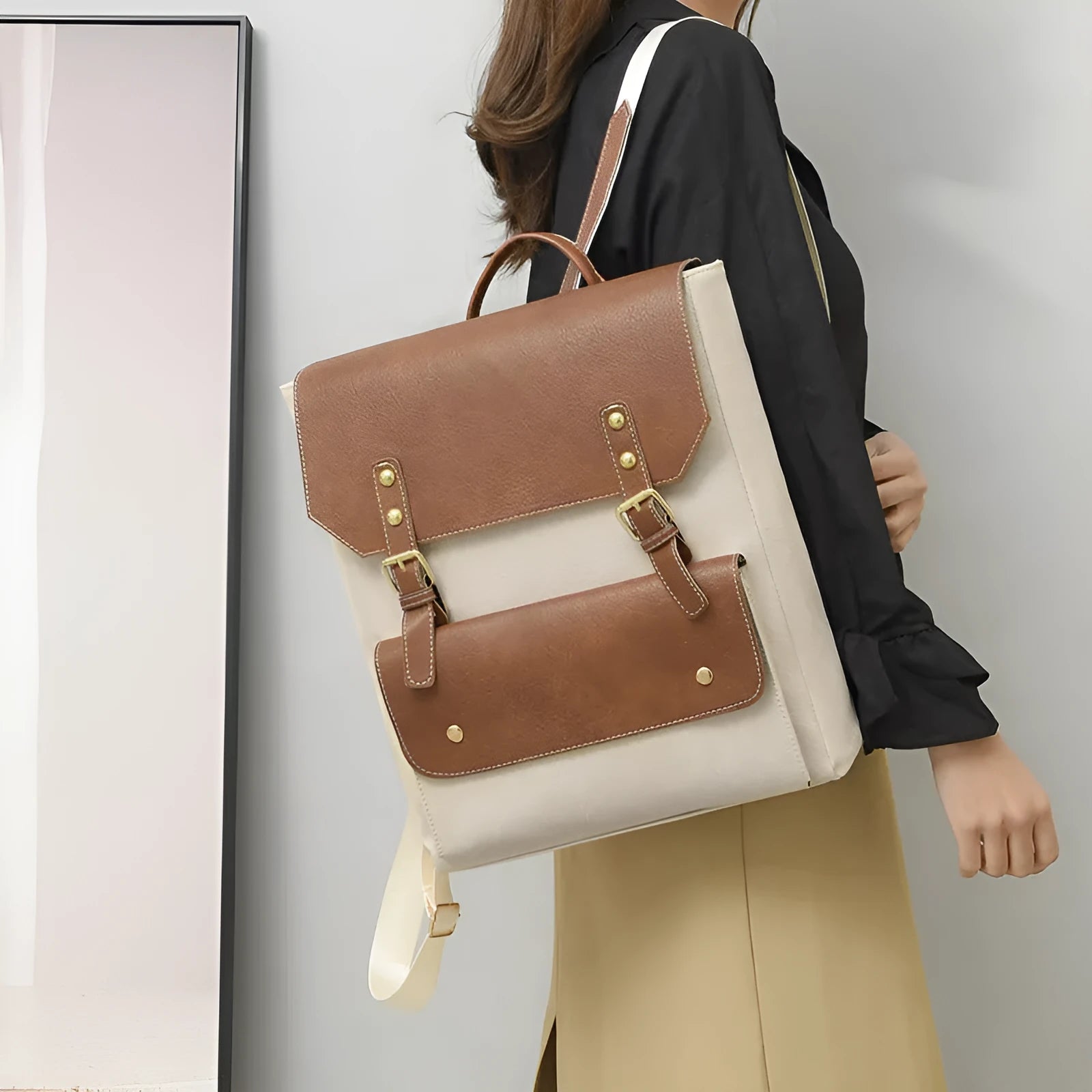 Korean style retro simple backpack in soft PU material, shown in one of four neutral colour options.