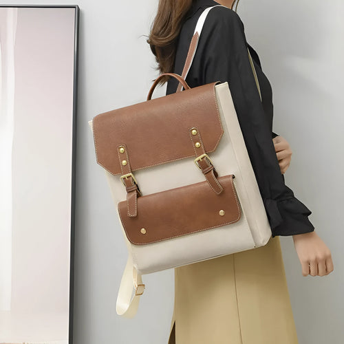 Korean style retro simple backpack in soft PU material, shown in one of four neutral colour options.