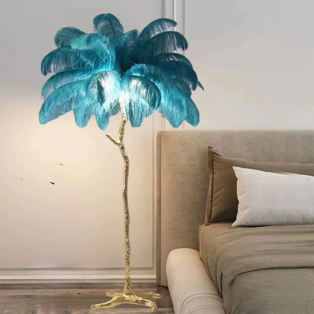 Decorative resin feather floor lamp standing 170cm tall with pink feather details