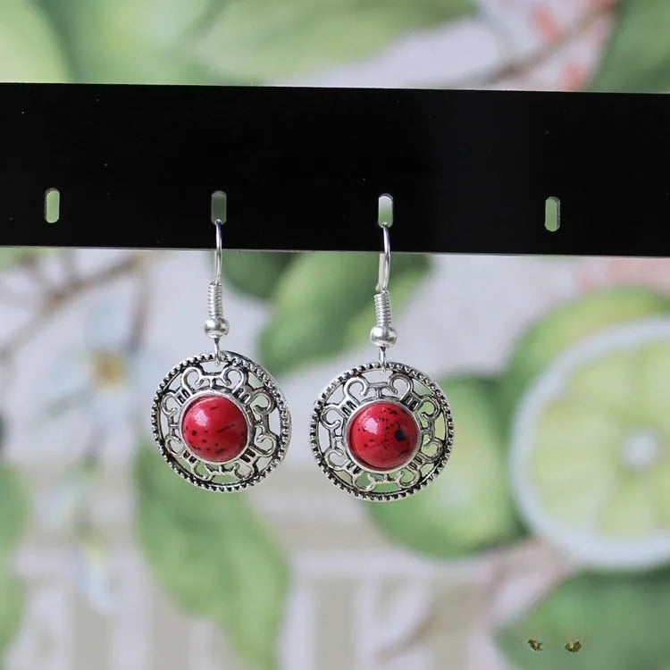 Miao silver geometric flower disk earrings with totem patterns in red, blue or black