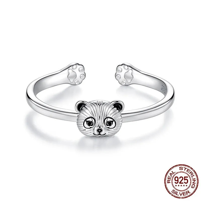 S925 sterling silver panda open ring with adjustable opening on white background