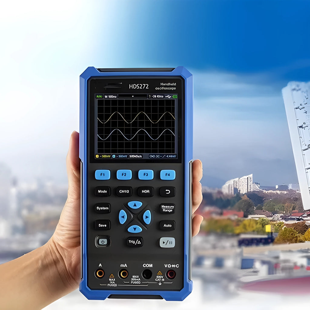 Owon HDS272 handheld digital oscilloscope with probe and accessories for portable testing