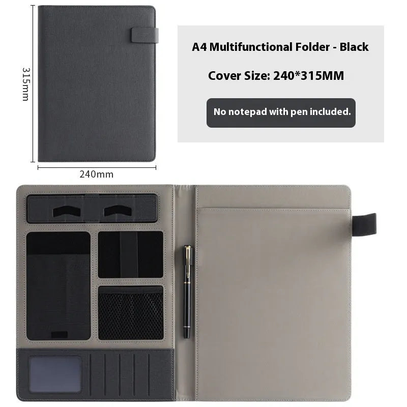 Leather A4 business folder in black, grey or blue with notepad and pen accessory options