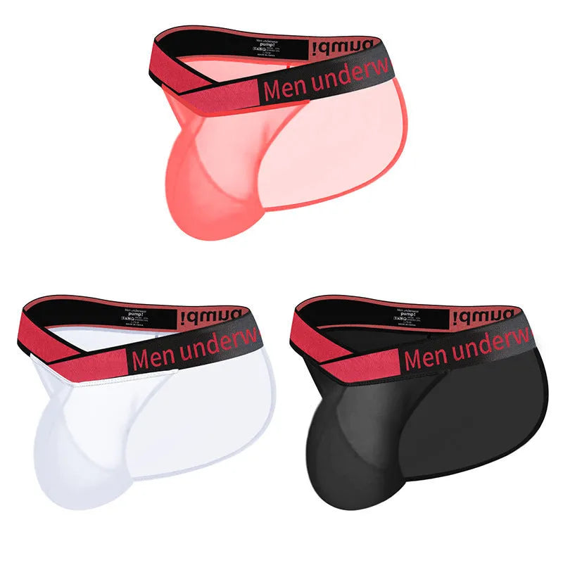 Men's transparent ice silk underwear with V gradient design in black, red, and white colours