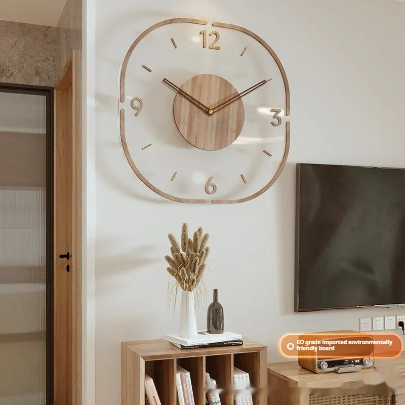 Modern transparent wooden frame wall clock with 35cm square dimensions.