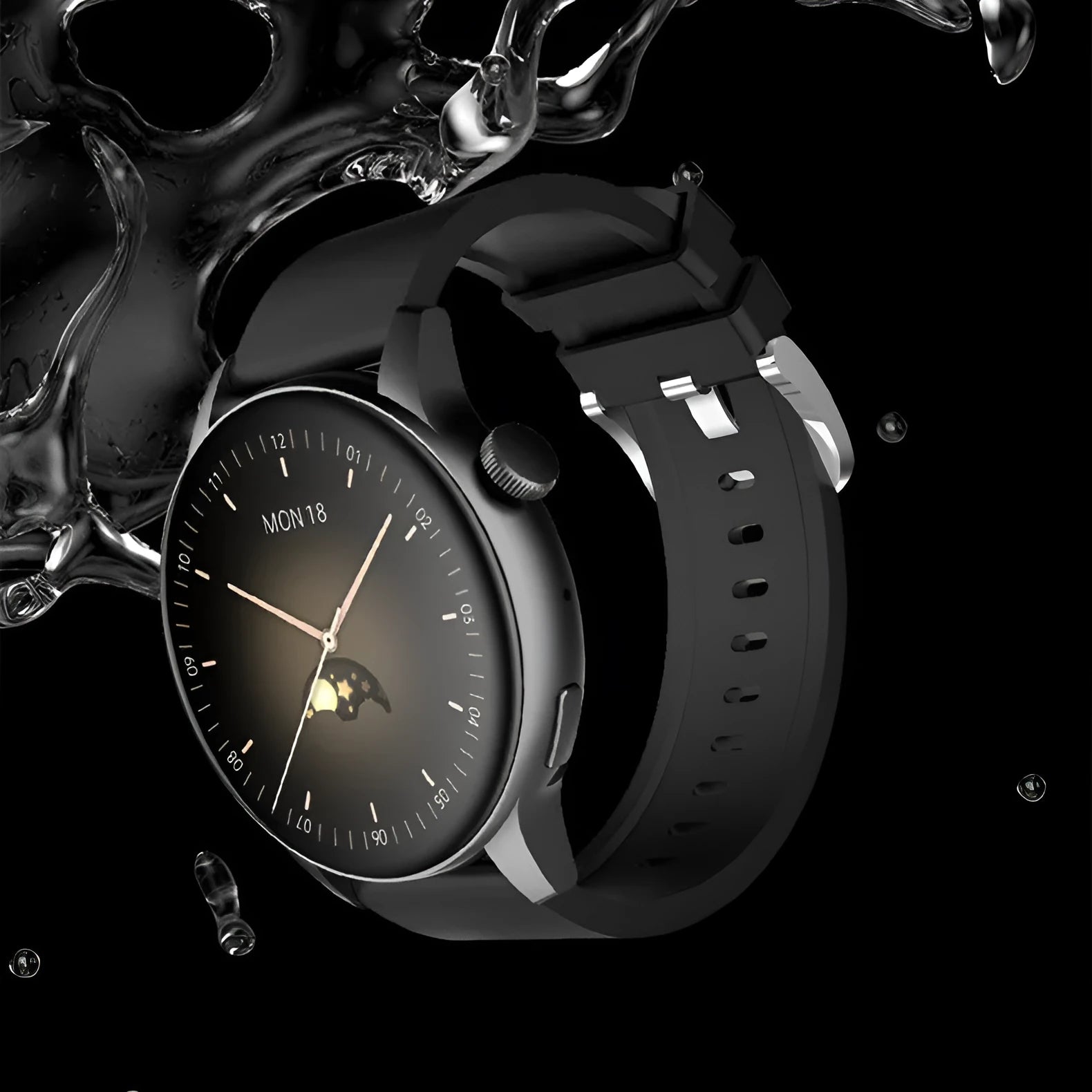 Smart watch with a silver stainless steel case and a black 1.30-inch colour touch screen.