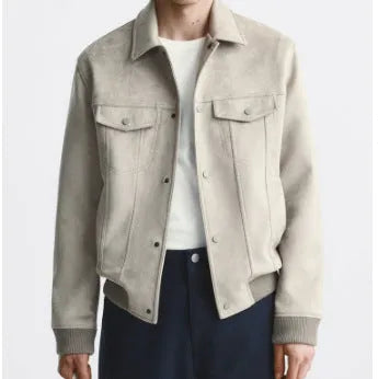 British style commuter suede velvet jacket in light grey or mink colours with long sleeves