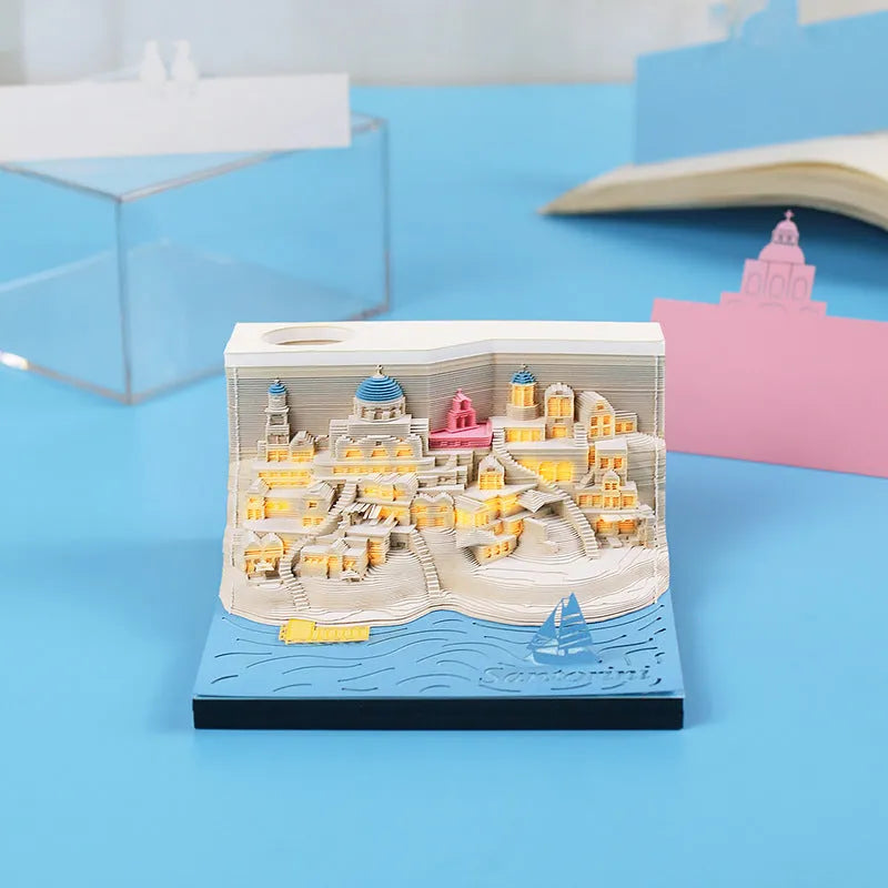 Romantic Santorini 3D notepad paper carving building model showing beach scene cover design
