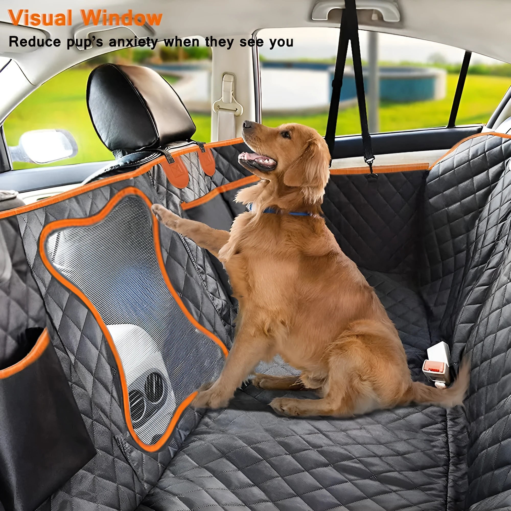 Black and orange waterproof pet car seat hammock cover made from 600D Oxford cloth on rear car seats