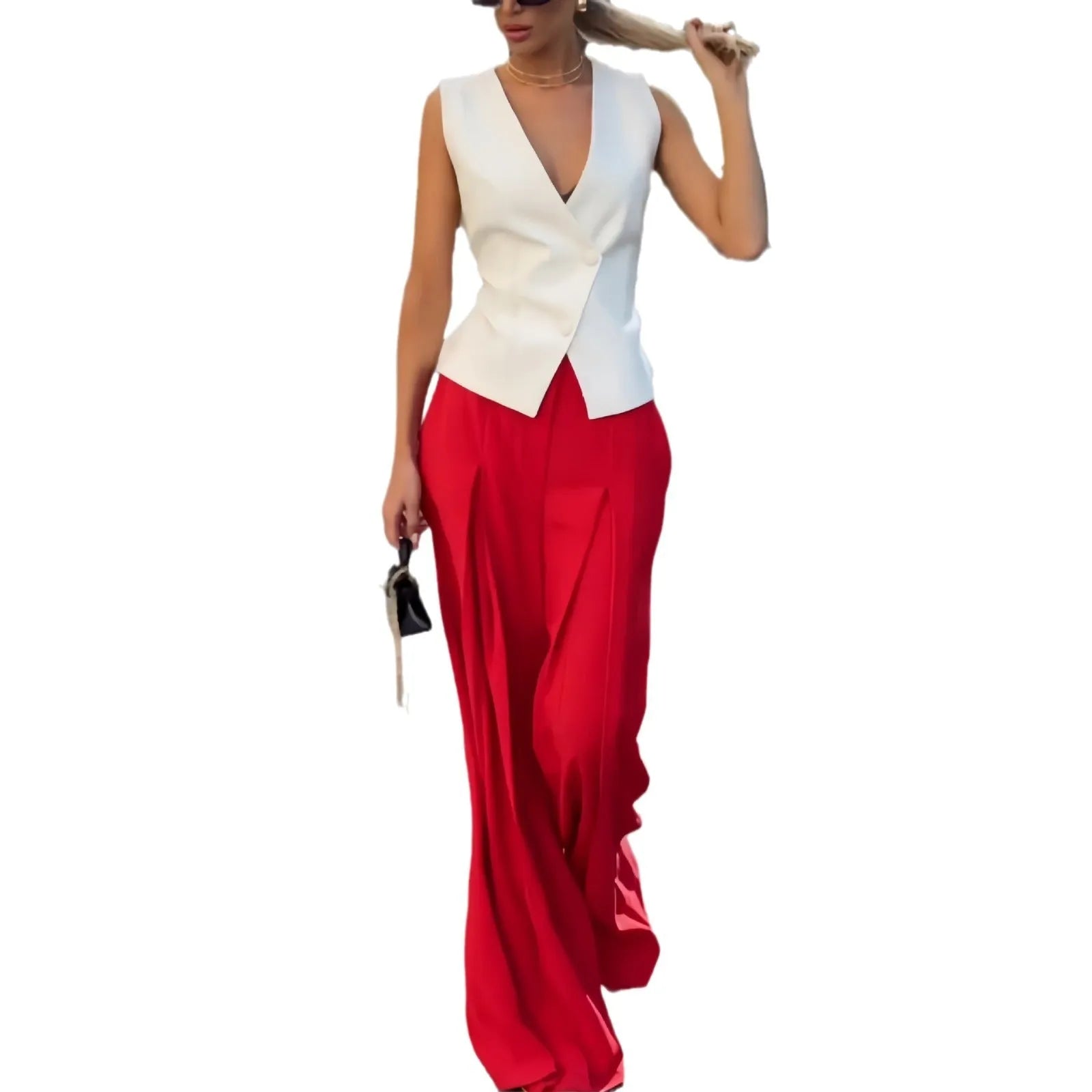 Women's beige two-piece set with deep V-neck sleeveless top and wide leg trousers