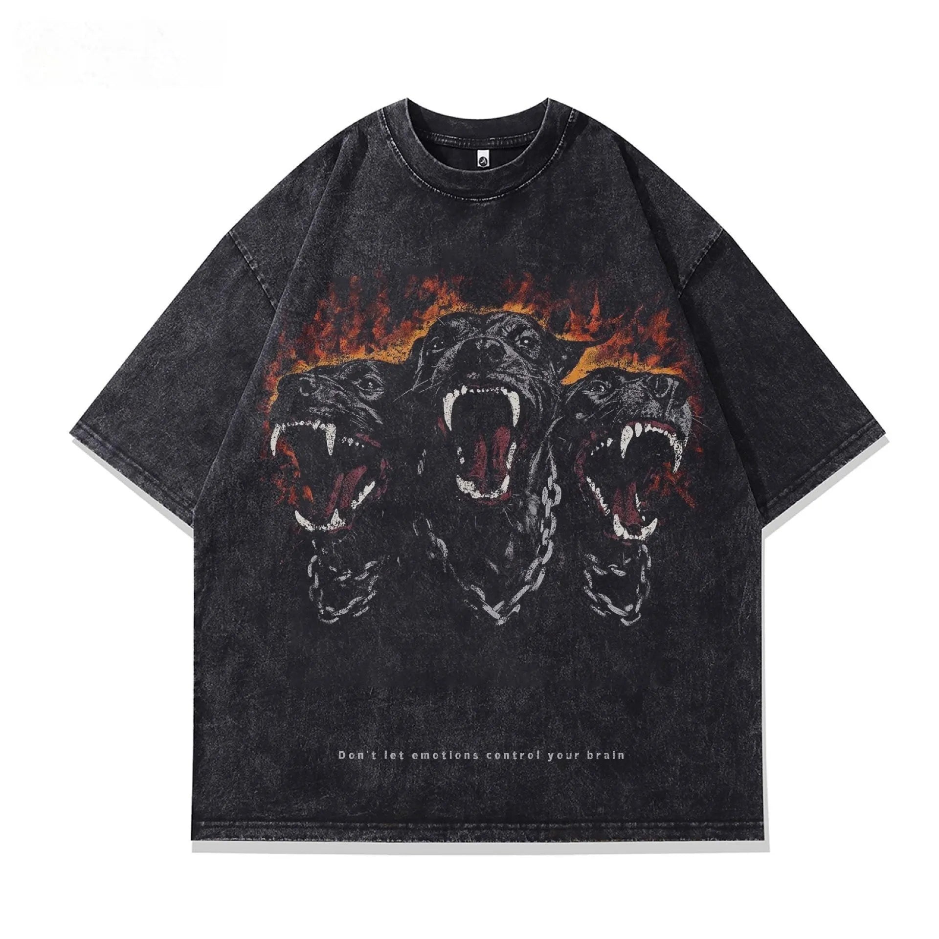 Men's grey short sleeve T-shirt with a printed character design, loose fit.