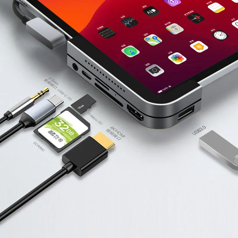 Silver aluminium grey USB C docking station for iPad Pro with HDMI, USB, and card reader ports
