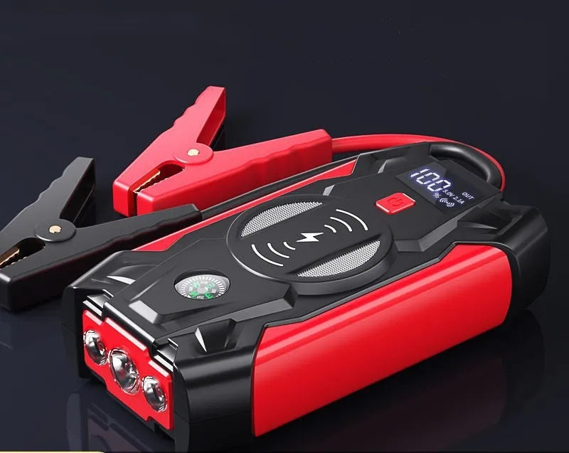 Red car emergency start power device with digital display showing 39800W output for vehicle jump starting
