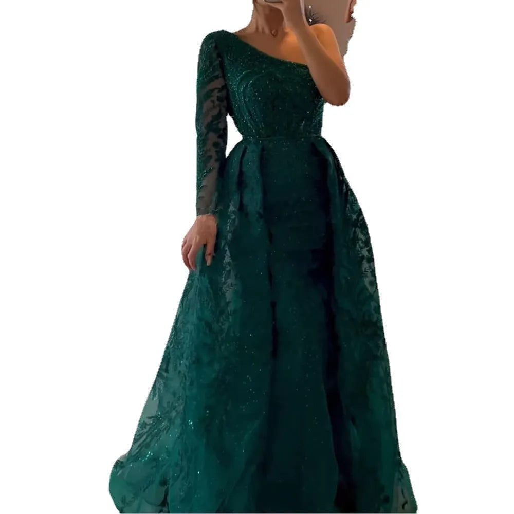 Women's slim-fit fishtail mesh shoulder long-sleeved dress with front zip, available in green