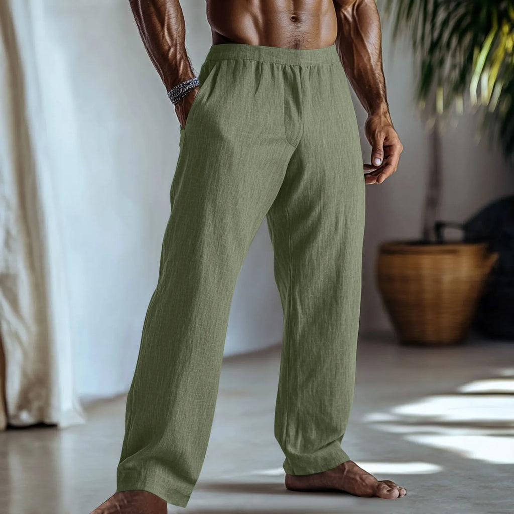 Men's cotton linen straight leg casual trousers with side pockets in light green colour