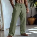 Men's cotton linen straight leg casual trousers with side pockets in light green colour