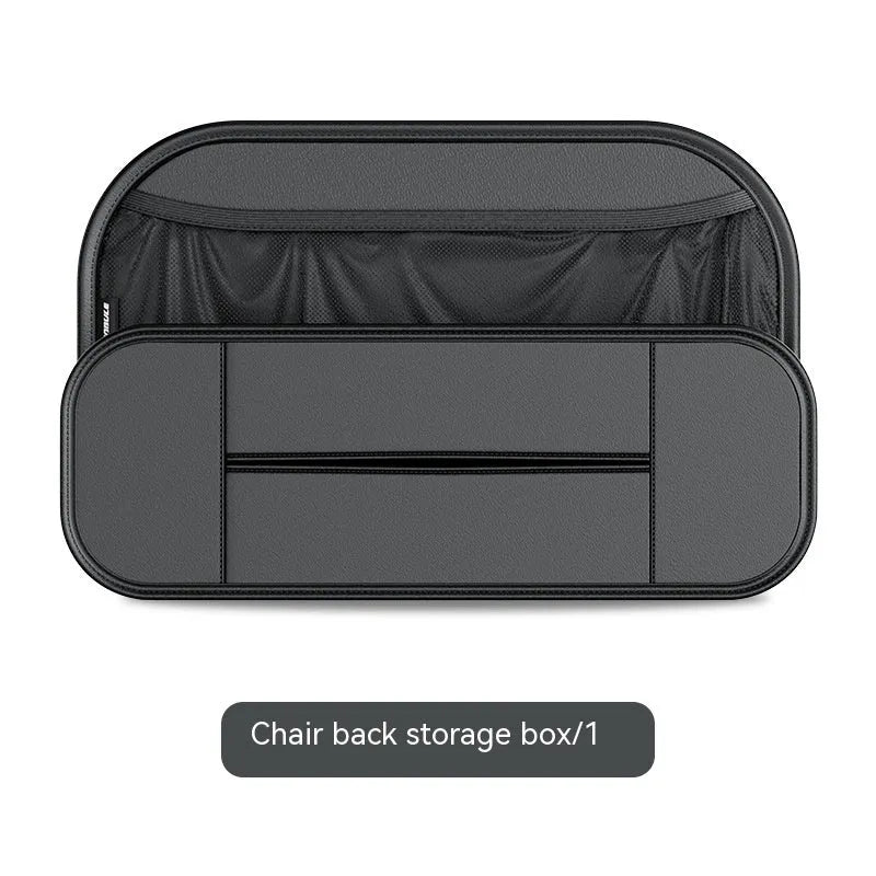 Black leather car seat rear storage bag showing dimensions and compartments for vehicle organisation