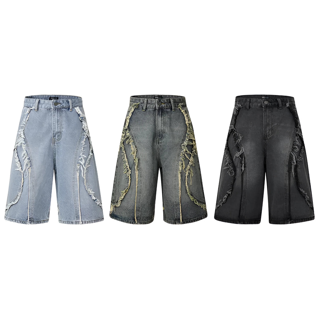 American Pu Shuai men's distressed denim shorts with raw edge trim in black, straight leg cropped fit.