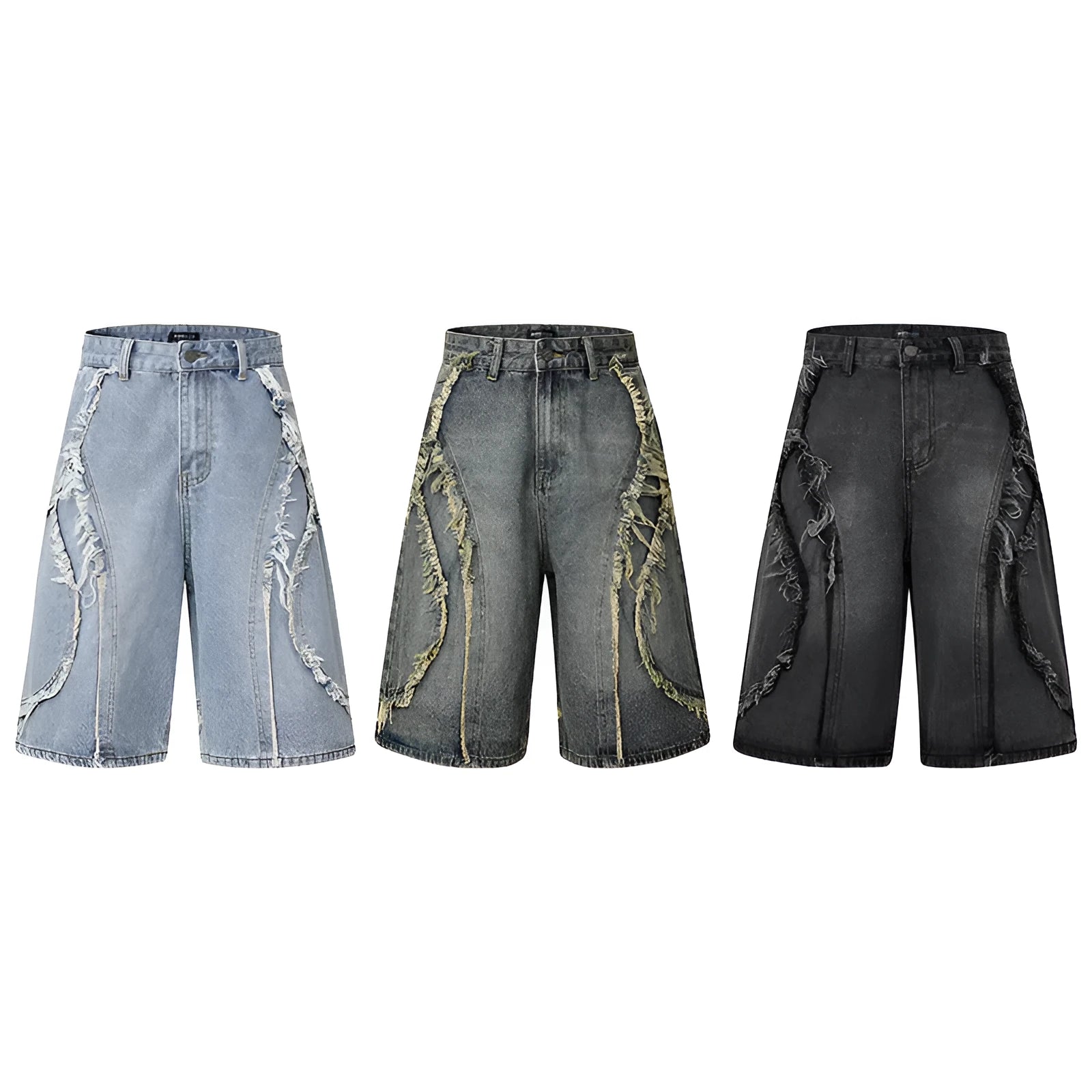 American Pu Shuai men's distressed denim shorts with raw edge trim in black, straight leg cropped fit.