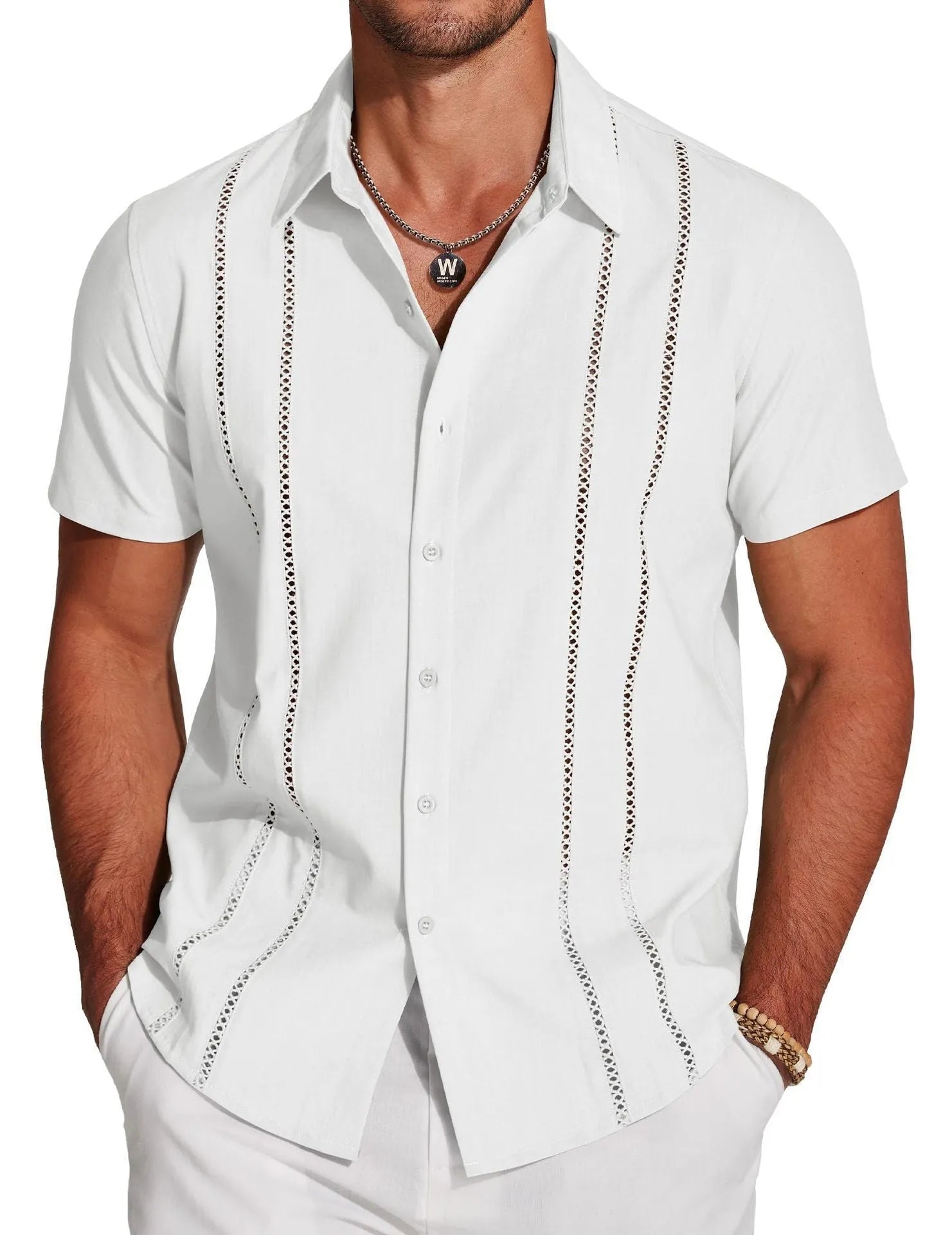 Man wearing a slim fit, short sleeve Hawaiian shirt with a digital printed pattern in a casual setting.