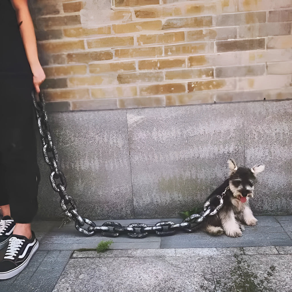 Simulated plastic dog leash prop in bronze colour for video parody content