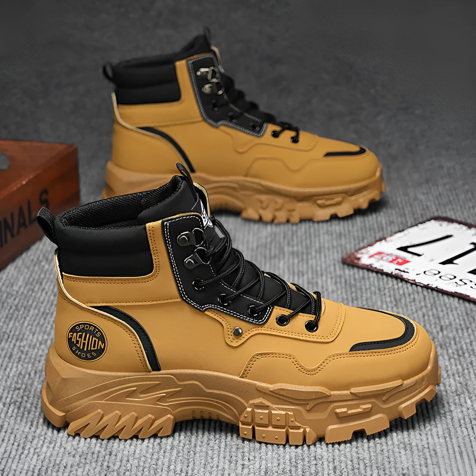 Men's black and yellow Martin boots with high-top design and injection-moulded soles