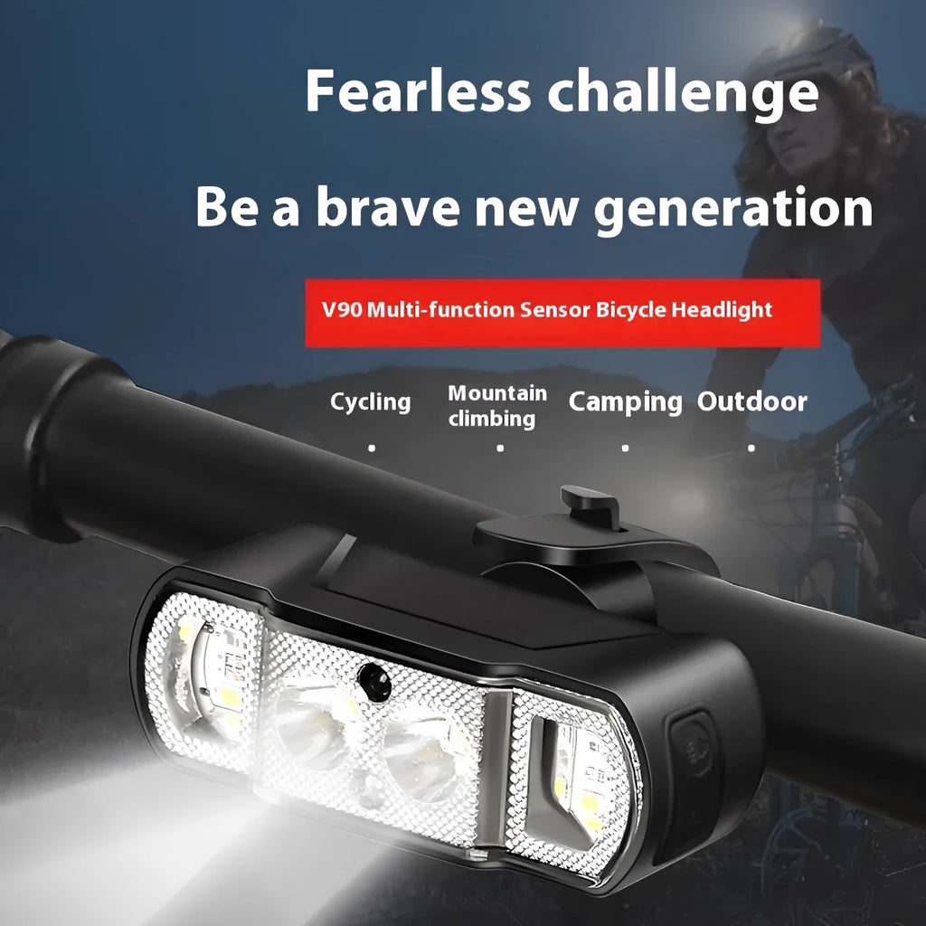 Black bicycle headlight with wave induction sensor and 350 lumen LED for cycling