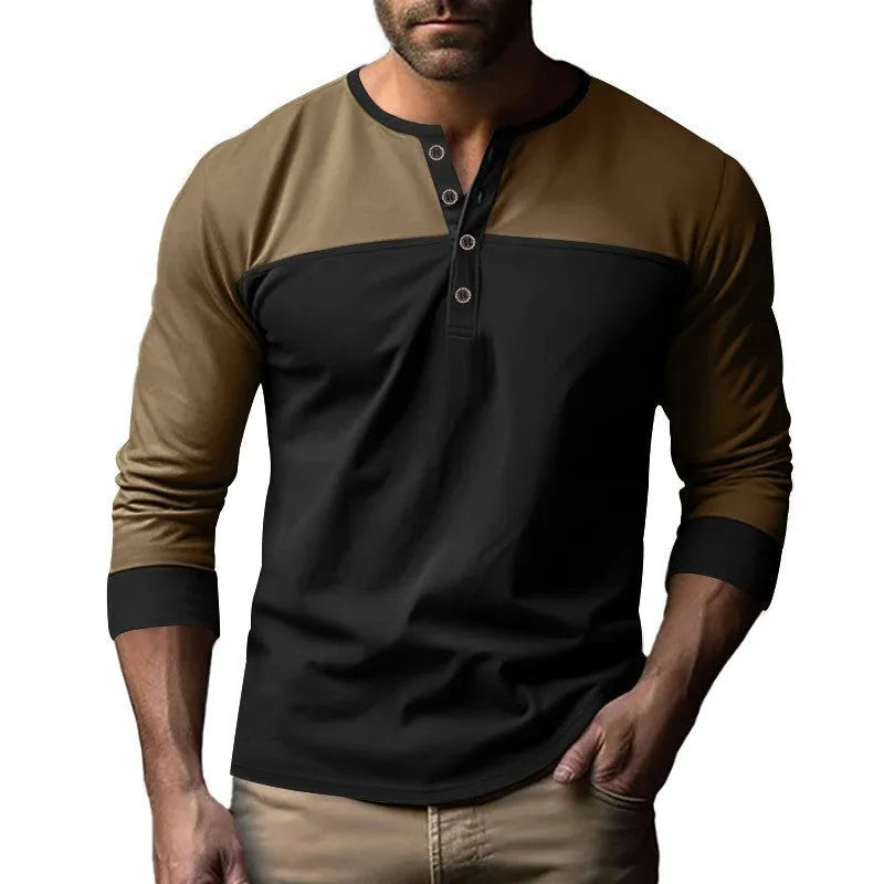 Men's long-sleeve Henry collar T-shirt in solid colour beaded twill fabric