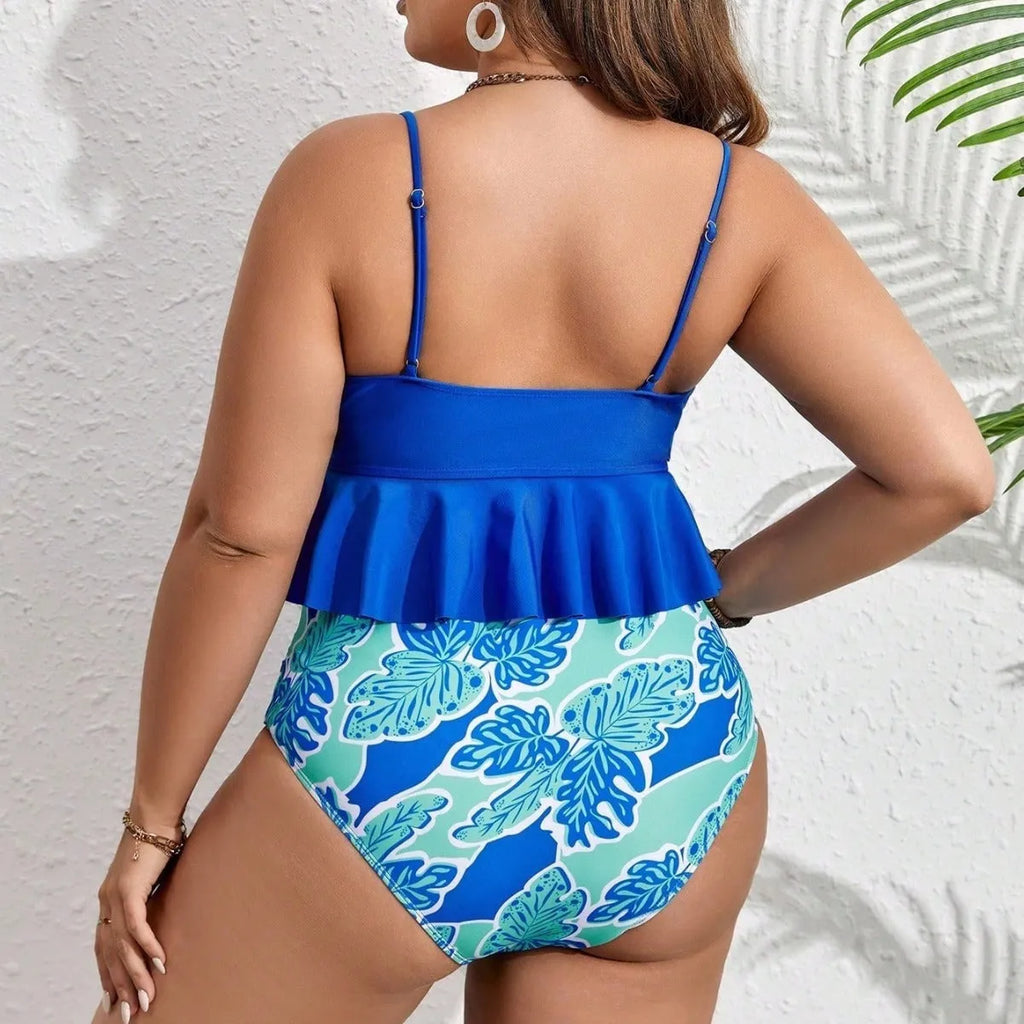 Blue plus-size women's two-piece bikini swimsuit with briefs shorts.