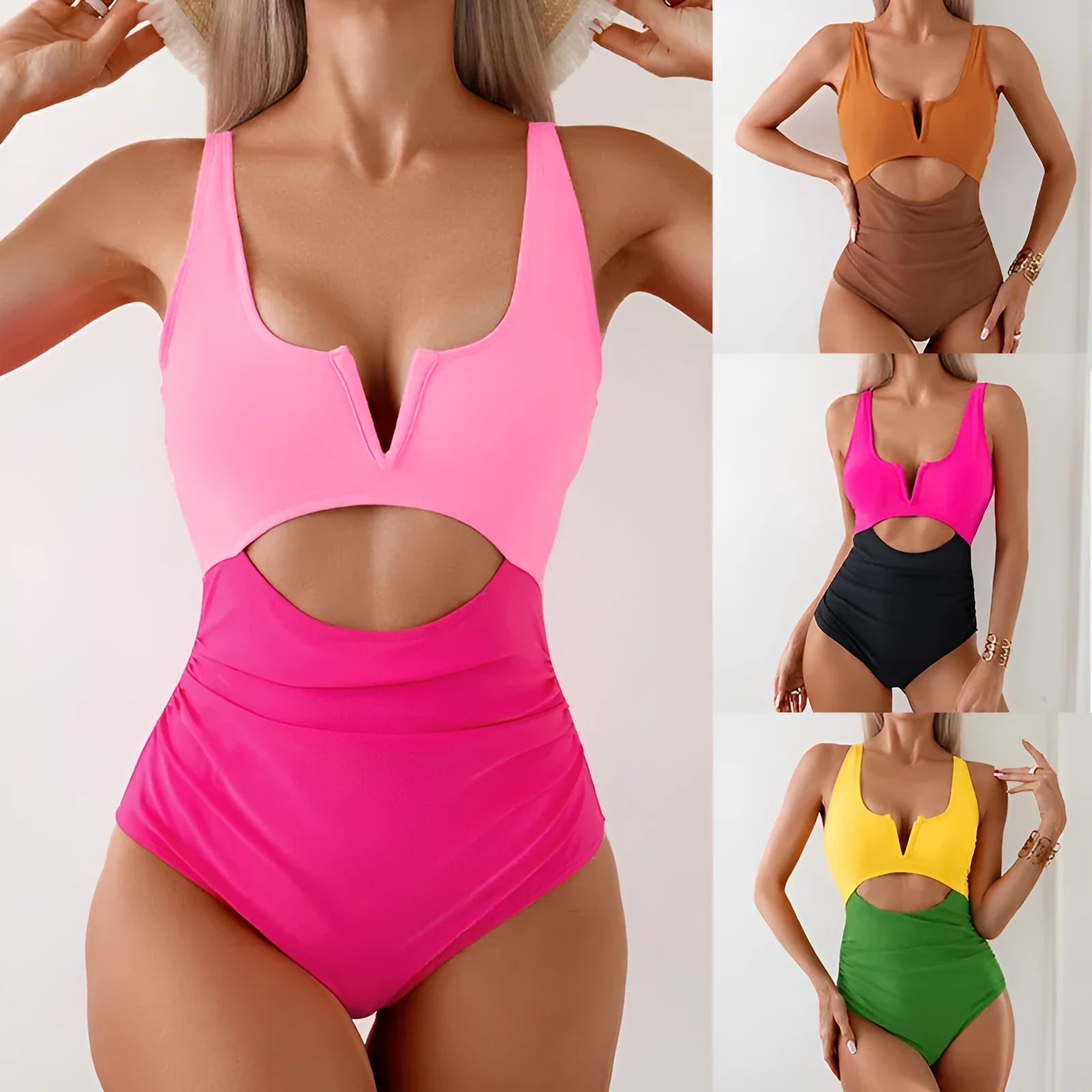 Women's contrast colour block one-piece swimsuit in nylon fabric available in four colours