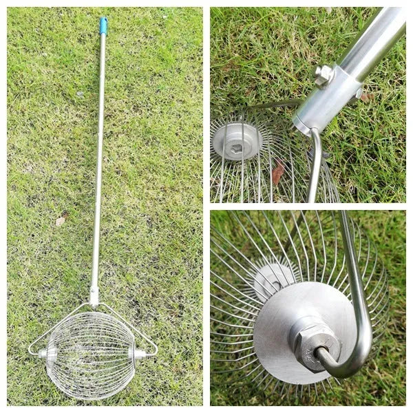 Metallic coloured golf ball picker made from stainless steel on a green