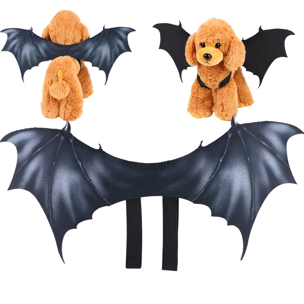 Black cloth bat wings pet costume shown on dog with three size options displayed