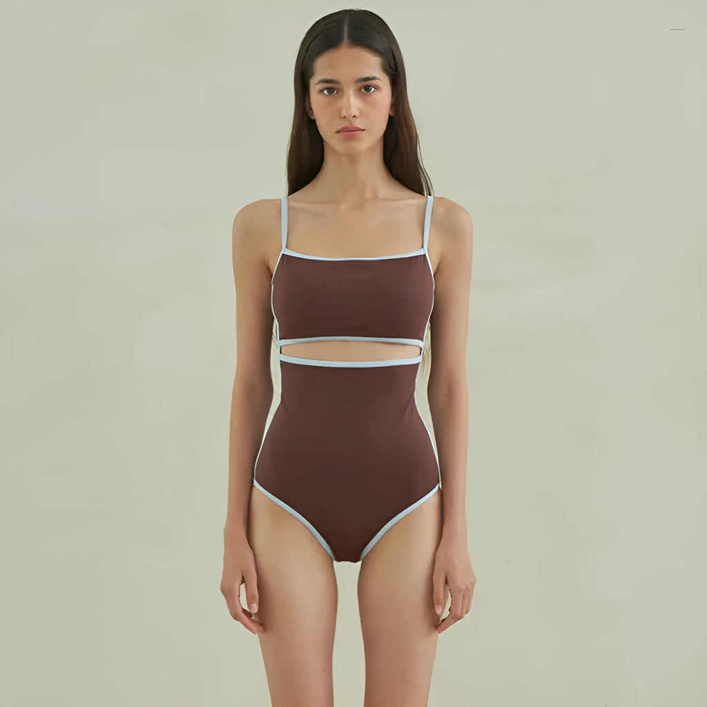 Brown women's triangle one-piece swimsuit made from nylon fabric.