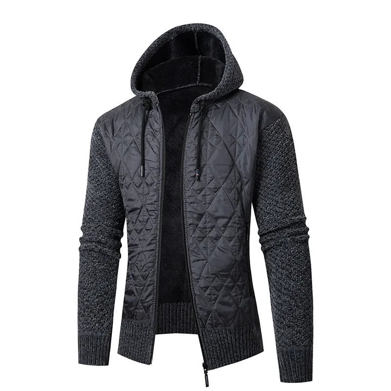 Men's gray hooded corduroy sweater coat with cinched waist styling for winter wear
