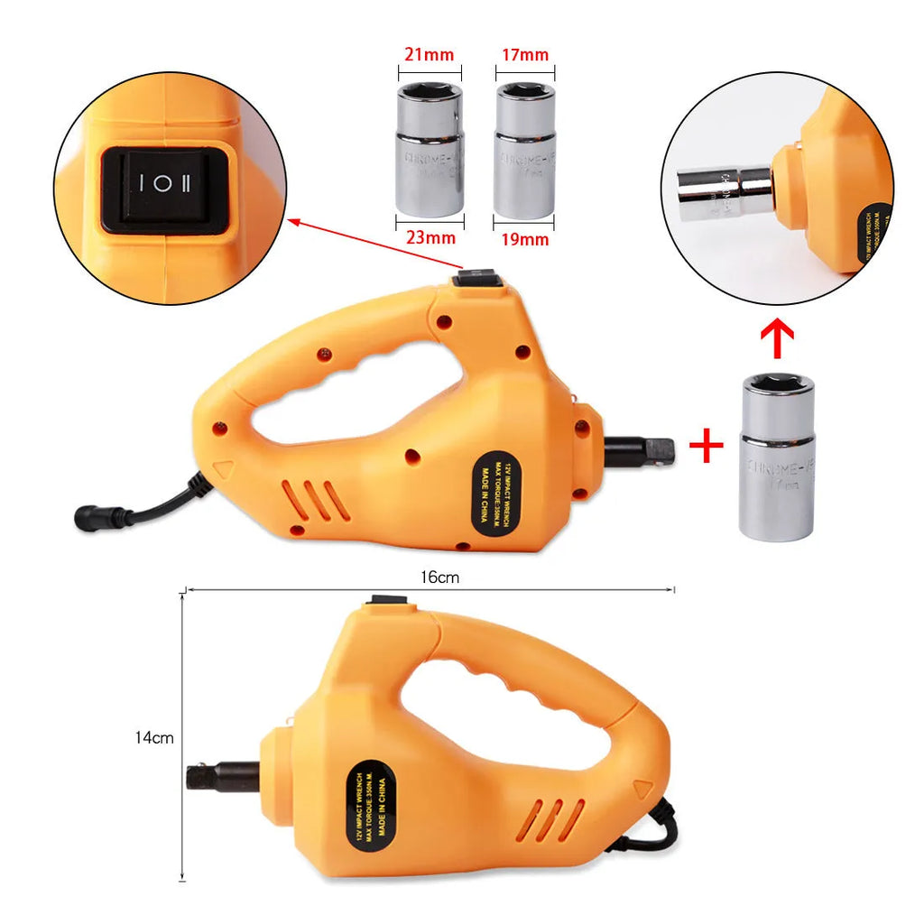 Yellow steel car electric hydraulic jack set with an electric wrench on a garage floor.