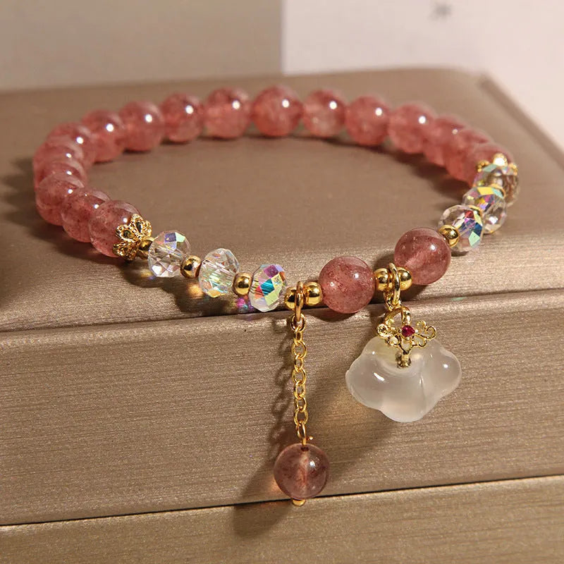 Women's adjustable strawberry quartz and white agate crystal bracelet with auspicious clouds pattern
