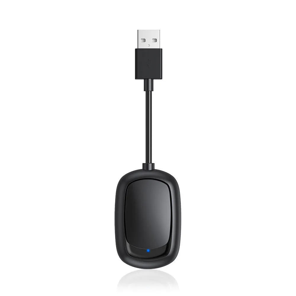 Wireless CarPlay and Android Auto 2-in-1 adapter box with USB plug for car connectivity.