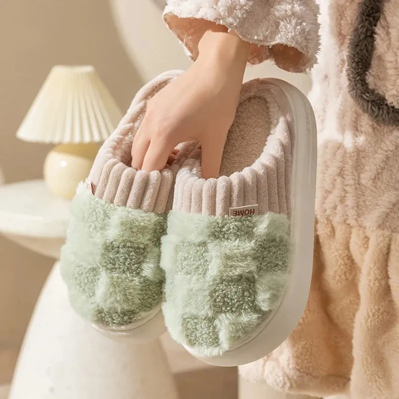 Women's plaid plush slippers in grey with a thick coral velvet upper and textured PVC sole.