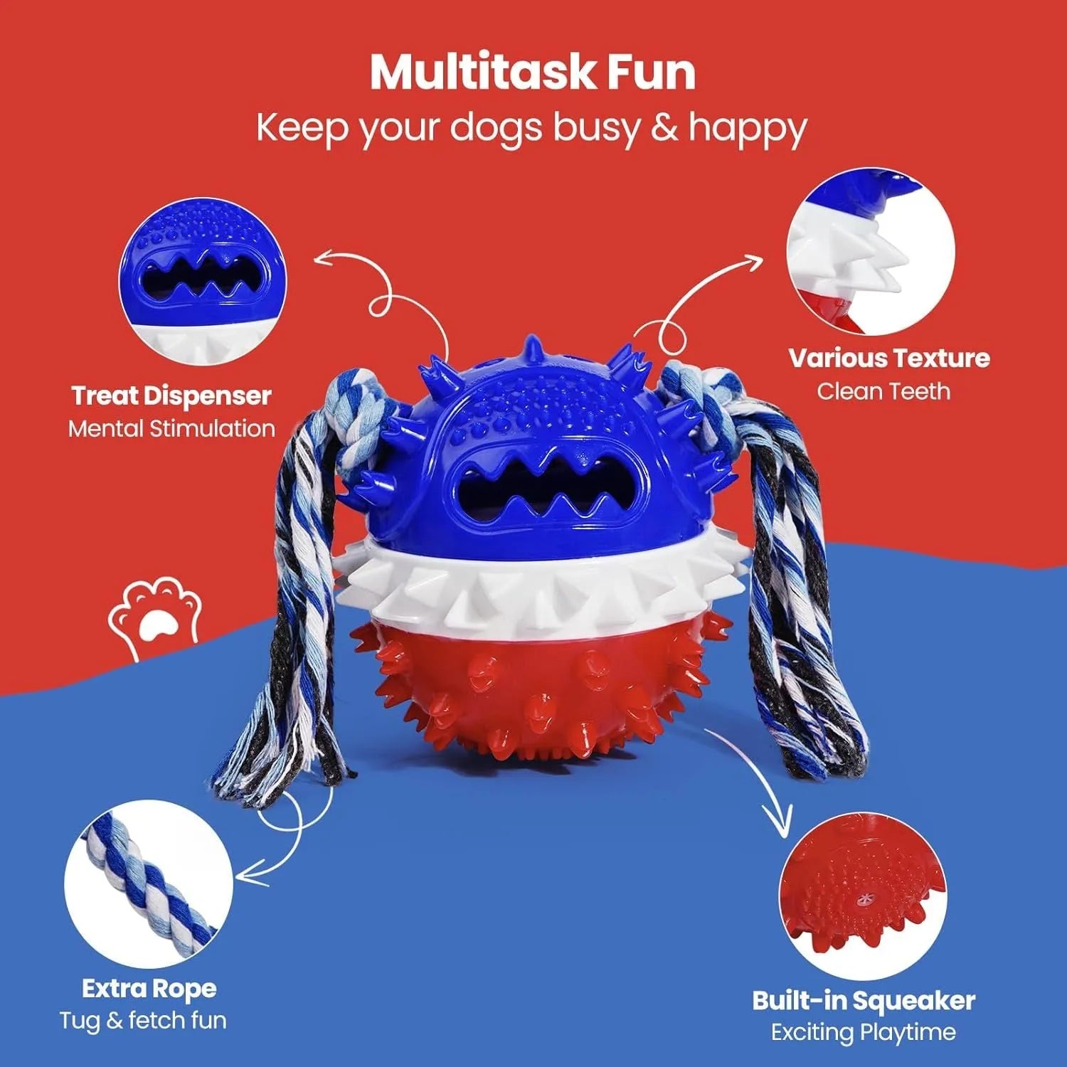 Blue and red TPR rubber dog chew toy with treat dispenser hole and textured surface for aggressive chewers