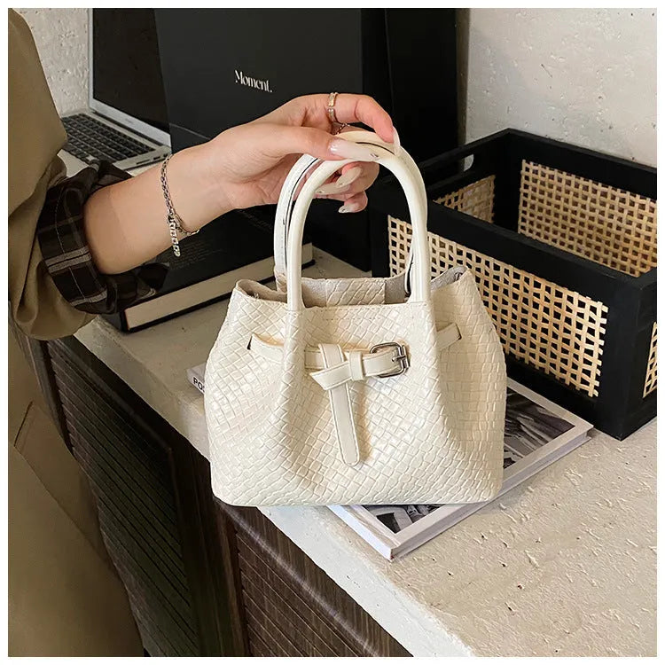 Women's PU messenger bucket bag in khaki with spliced design and three-dimensional outer pocket
