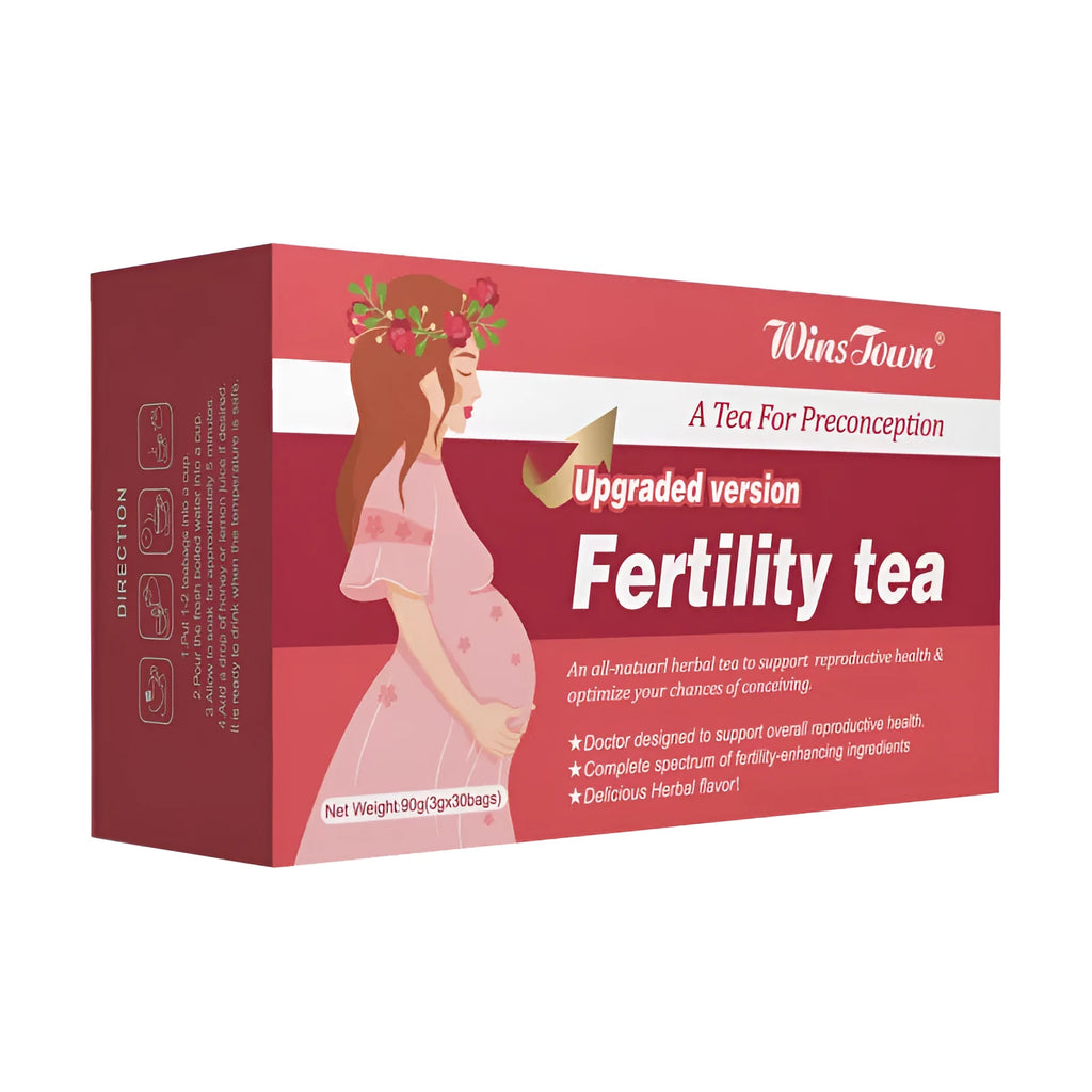 Box of fertility tea containing 3 packs with 330 herbal tea bags for preconception support
