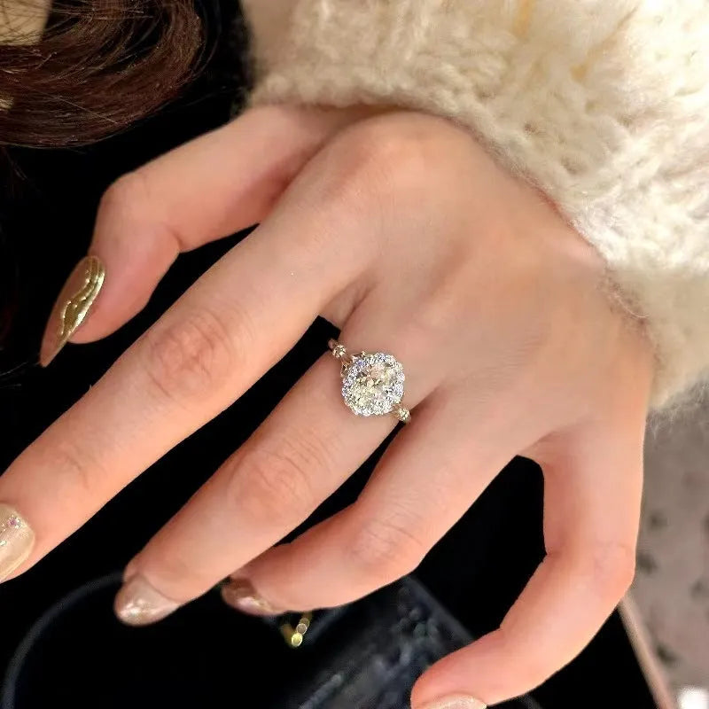 Silver geometric ellipse ring with diamond treatment and adjustable opening design