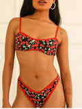 Women's cherry print polyester bikini swimsuit set with tube top and briefs