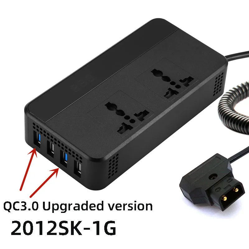Automotive power inverter with 220V AC and USB outputs, PC fireproof housing, dimensions 149 by 74 by 35 mm