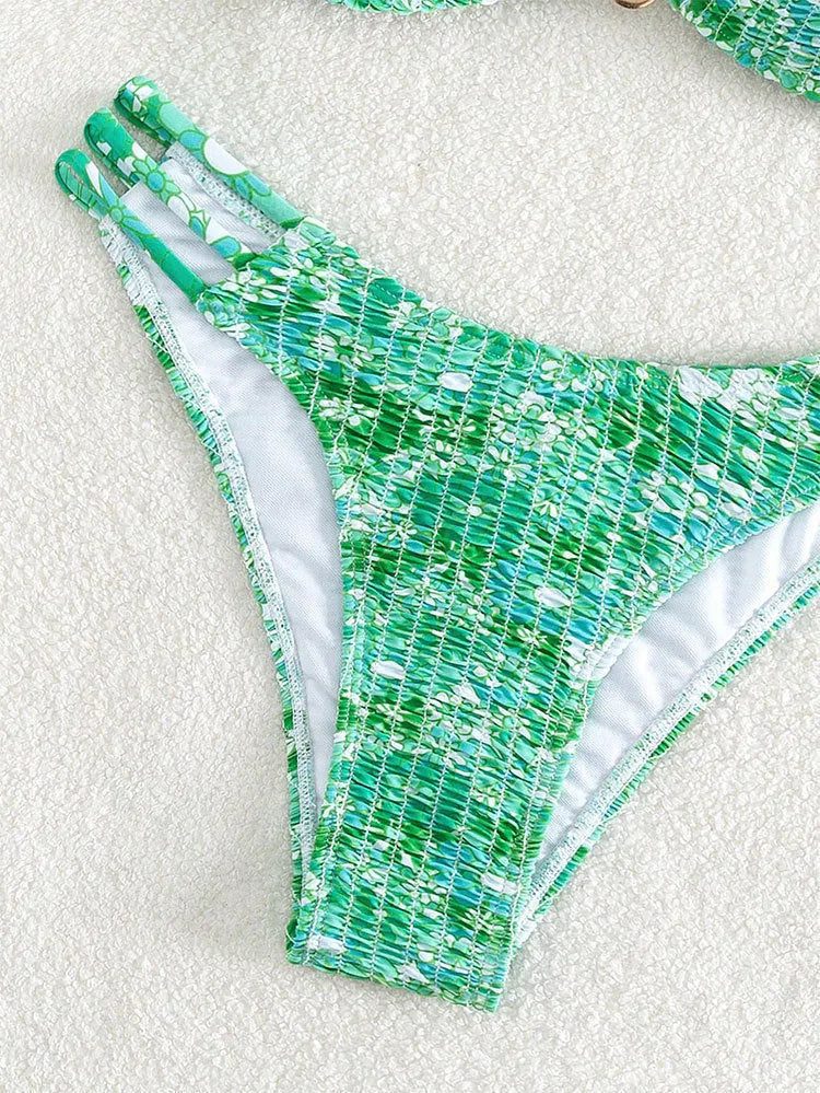 Women's floral bikini swimsuit with high-waist briefs in multiple solid colour options