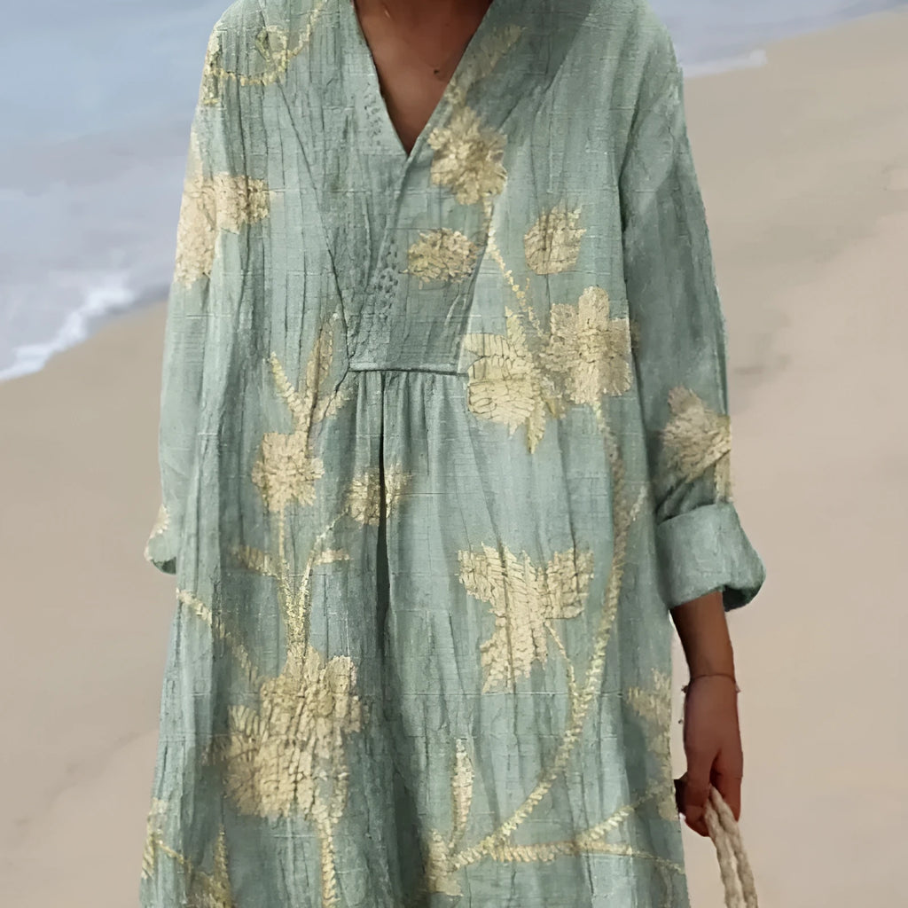 Floral 3D printed sleeve shirt dress with wide waist and long skirt