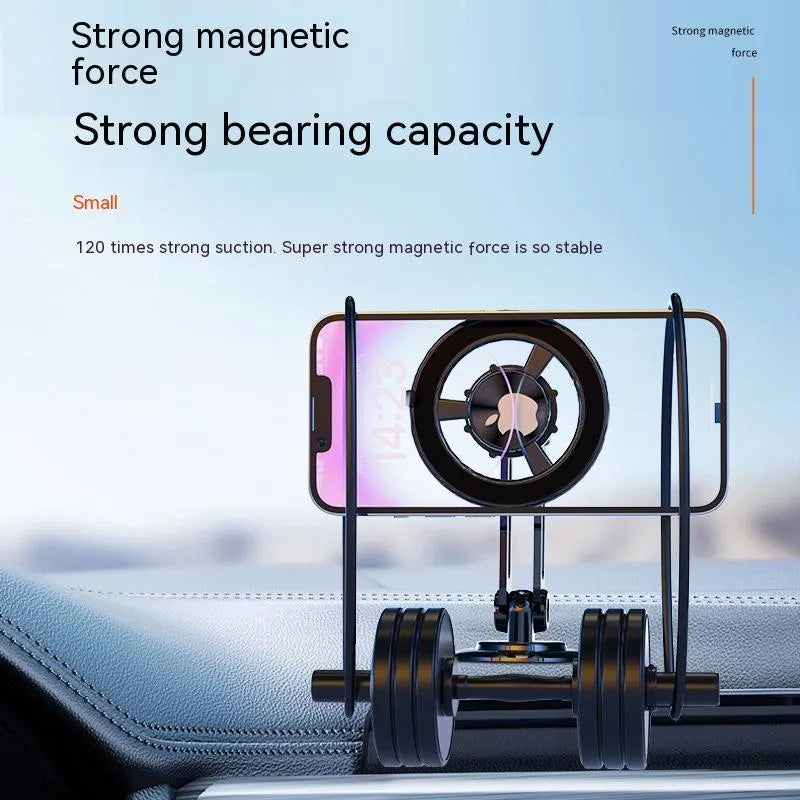 All-metal magnetic car phone holder in black, shown with magnetic rings and spare adhesive pads.