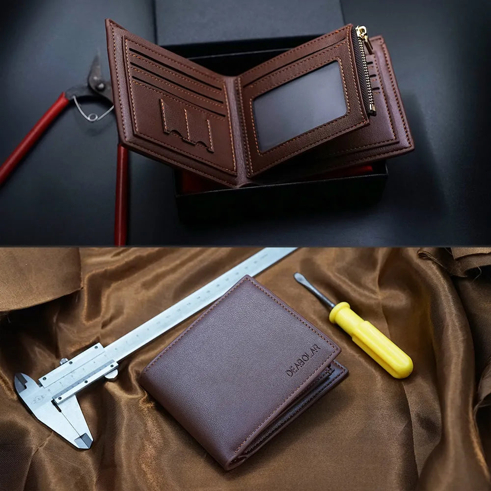 Men's leather wallet with a zipper closure, presented as a gift.